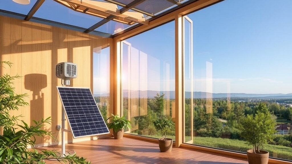 Modern solar room heater with solar panel system providing energy-efficient home heating.