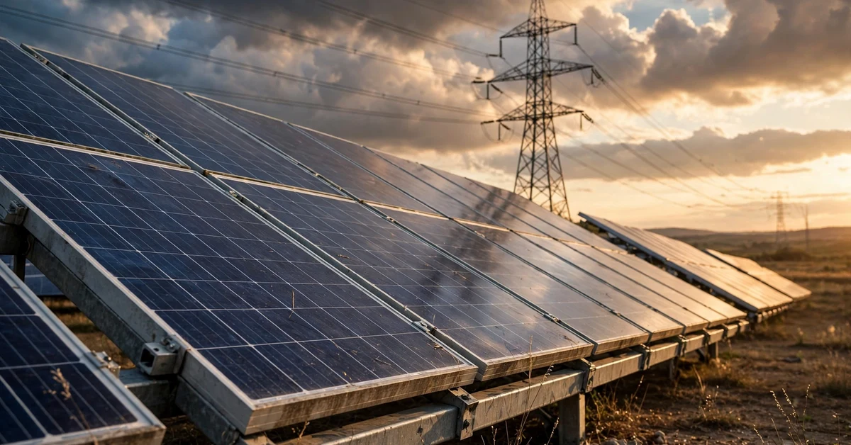 Solar panels with an electricity transmission tower at sunset