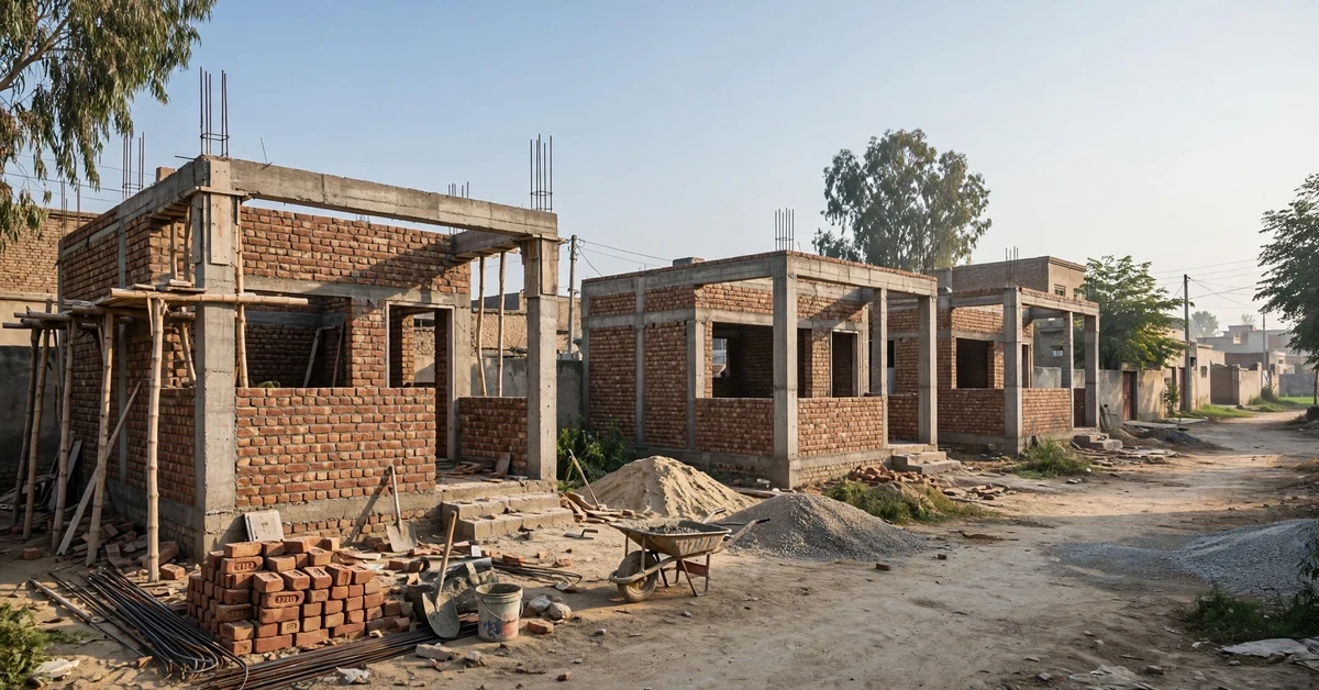 New small houses under construction in a Punjab residential neighbourhood, brick walls and concrete frames