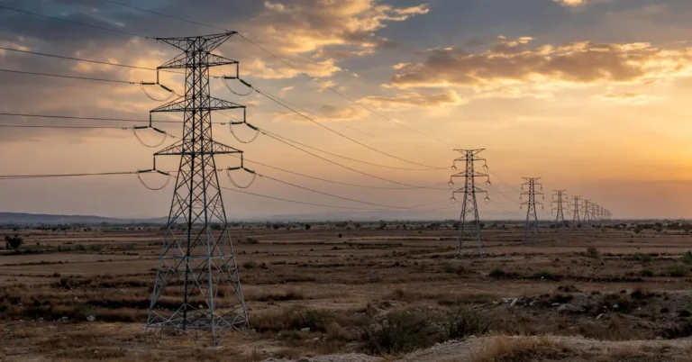 Electricity transmission towers at dusk in Pakistan