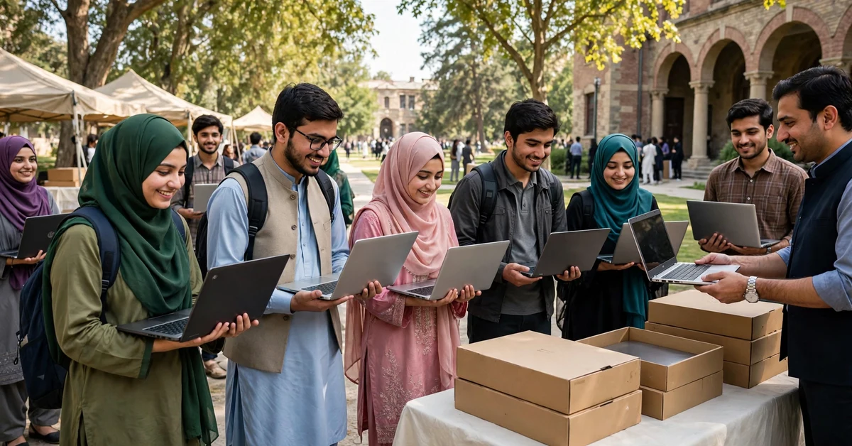 Pakistani university students receiving laptops at a distribution ceremony on campus