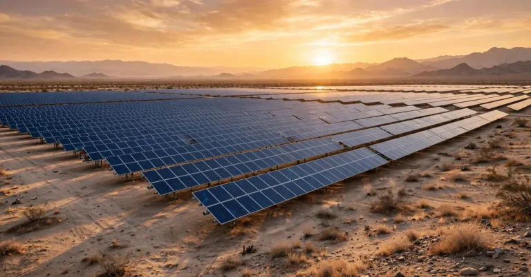 Solar panel farm in desert at golden hour