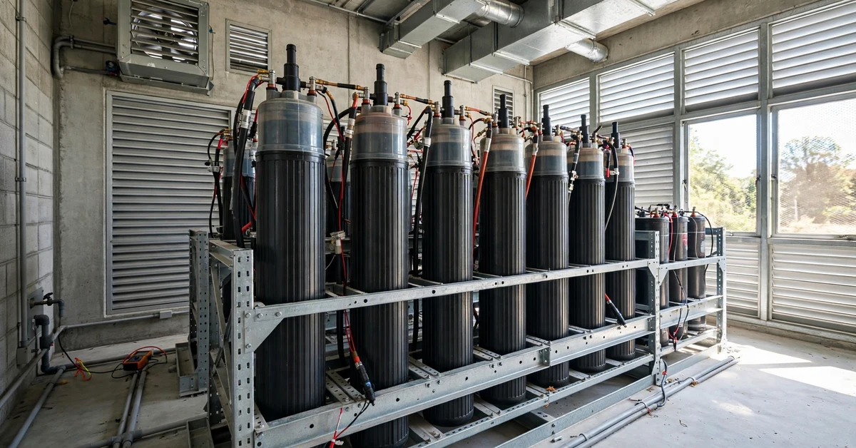 Tall tubular lead-acid batteries on a steel stand in a ventilated battery room