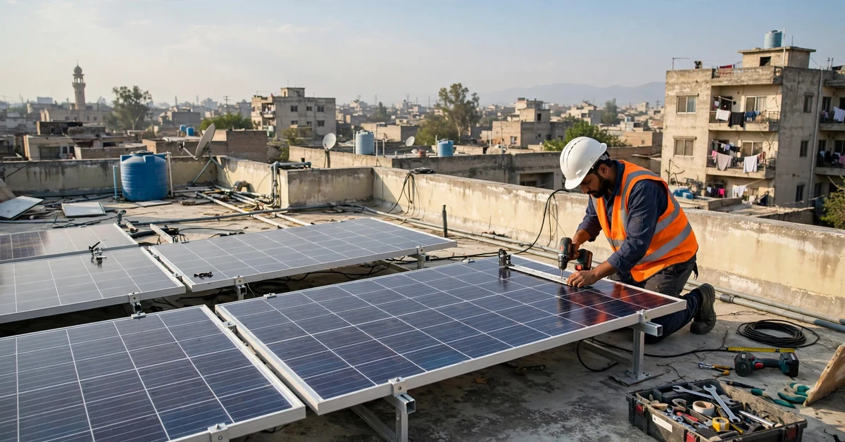 Technician installing solar panels on a flat rooftop in Pakistan