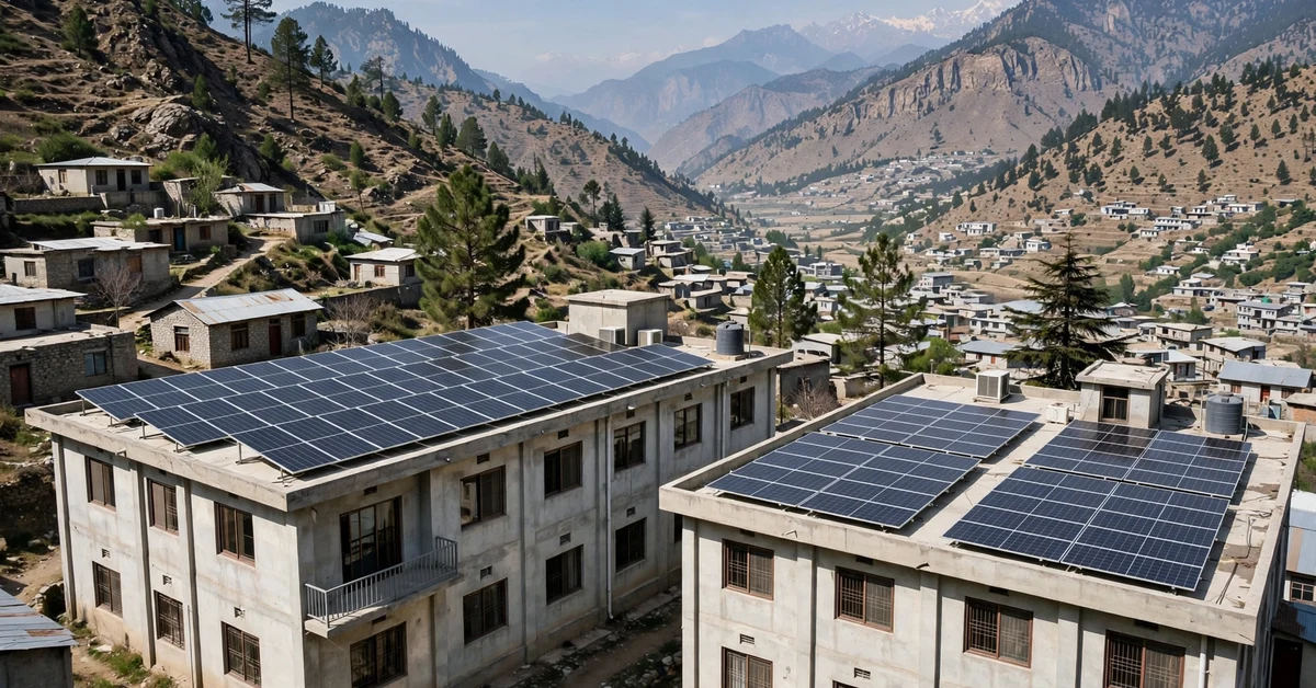 Rooftop solar panels on government buildings in a Pakistani mountain town