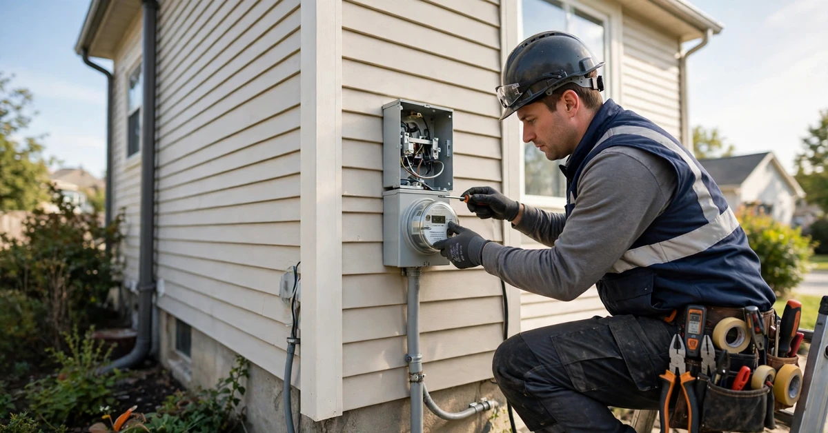 Electrician installing an electricity meter on a house wall