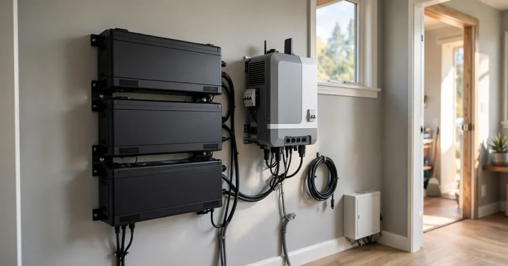 Solar battery bank and hybrid inverter installed on a home wall