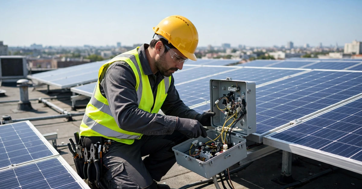 Technician inspecting solar panel wiring and junction box on a rooftop