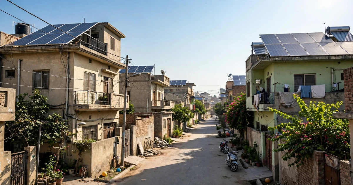 Pakistani residential street with houses using rooftop solar panels