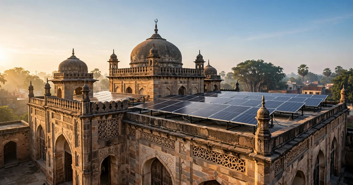 Solar panels on a seminary rooftop in Khyber Pakhtunkhwa at sunrise