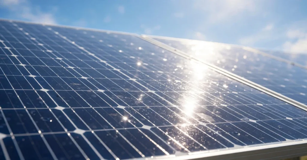 Close-up of solar panels in bright sunlight