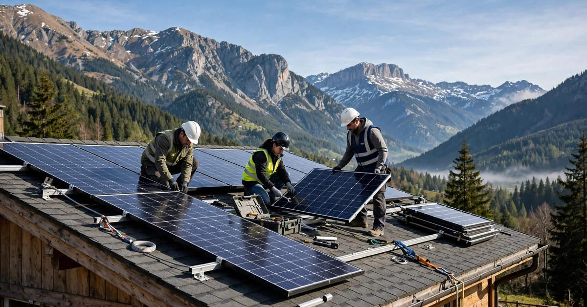 Workers installing solar panels on a rooftop in Gilgit-Baltistan