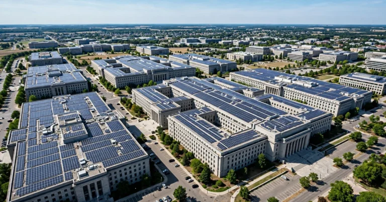 Aerial view of rooftop solar panels on government buildings in Punjab