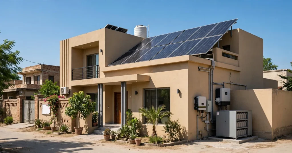 Pakistani home with rooftop solar panels and battery inverter