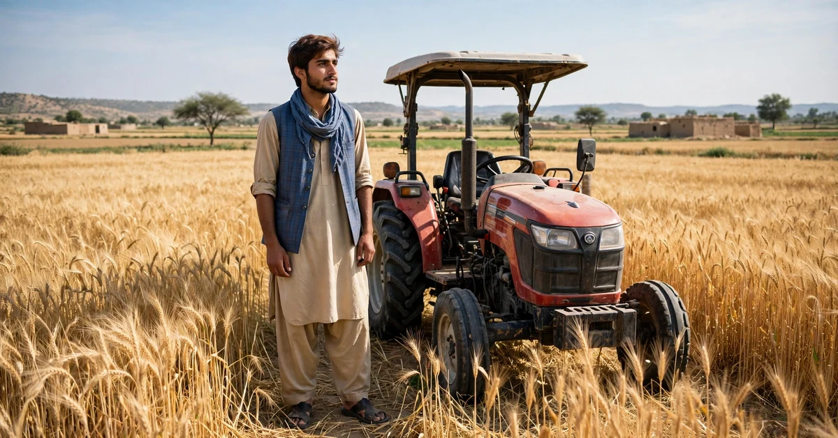 Young Pakistani farmer standing in a wheat field beside a small tractor